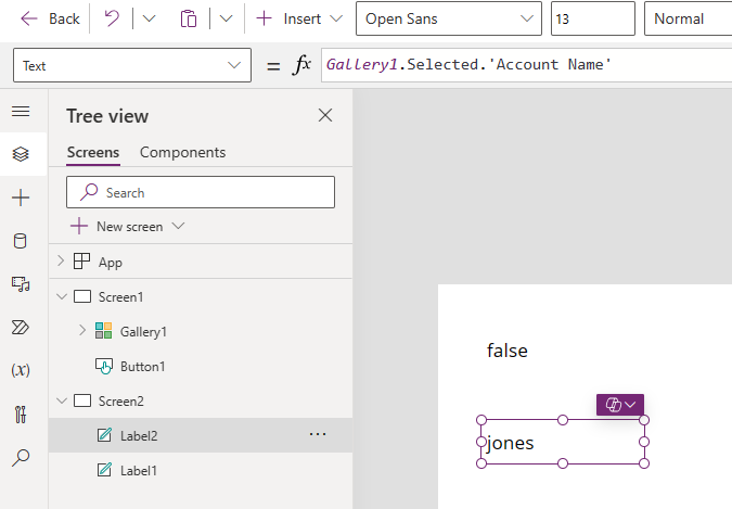 Screenshot von Power Apps Studio mit einem Querverweis-Steuerelement.