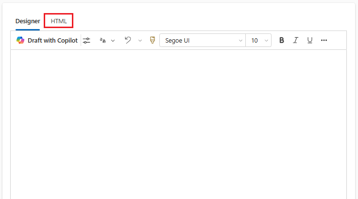 Screenshot des Rich-Text-Editors mit hervorgehobener HTML-Registersteuerelement.