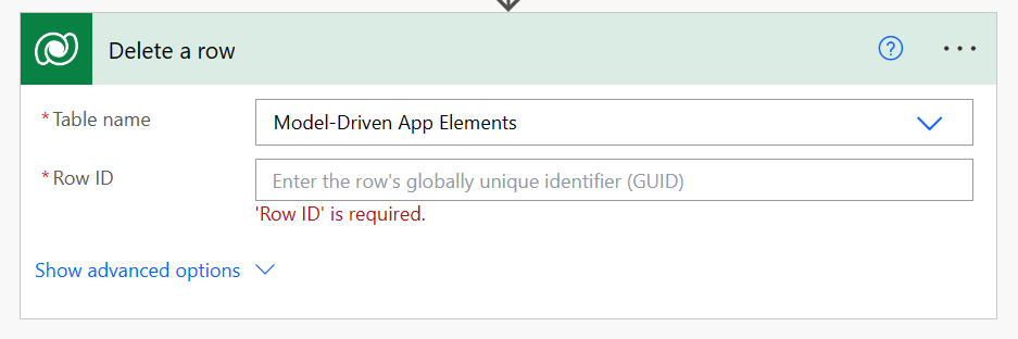 Löschen einer Zeilen-Flow-Aktion mithilfe der Dataverse Tabellenzeile in einem modellgesteuerten App-Element
