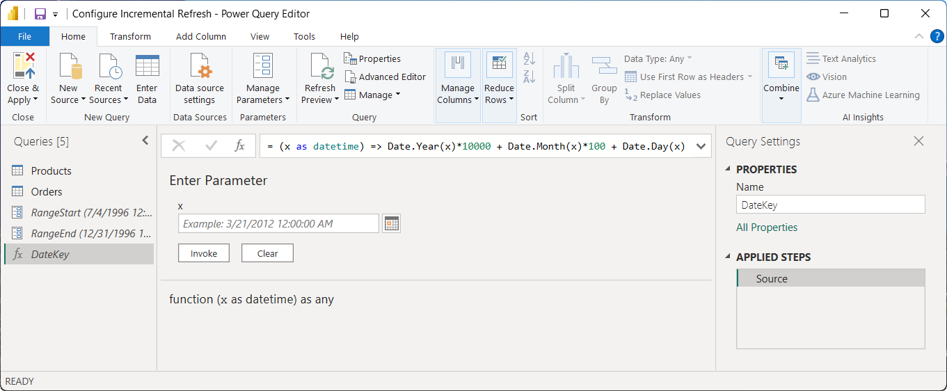 Power&nbsp;BI-Funktions-Editor zeigt die Ganzzahl-Stellvertreter-DateKey-Funktion.