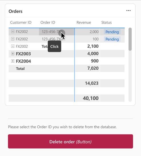 Screenshot desselben Berichtsbeispiels mit einer Tabelle und einer Schaltfläche für datenfunktion. Die Tabelle enthält eine ausgewählte Zeile, und die Schaltfläche ist aktiviert.