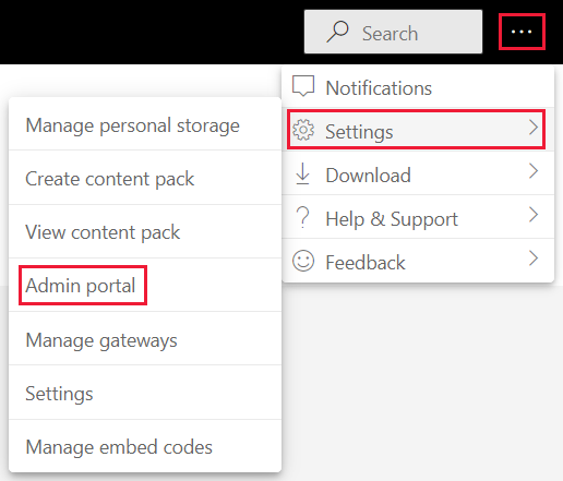 Ein Screenshot, der die Menüoption für Verwaltungseinstellungen im Menü der Power&nbsp;BI-Dienst Einstellungen zeigt.