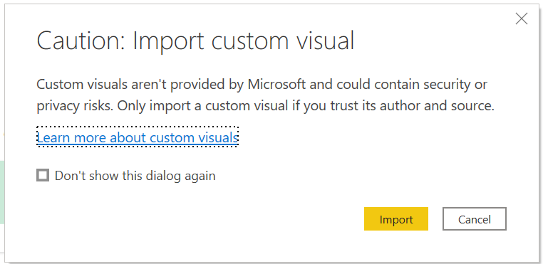 Screenshot: Dialogfeld „Vorsicht: Importieren eines benutzerdefinierten Visuals“ in Power BI