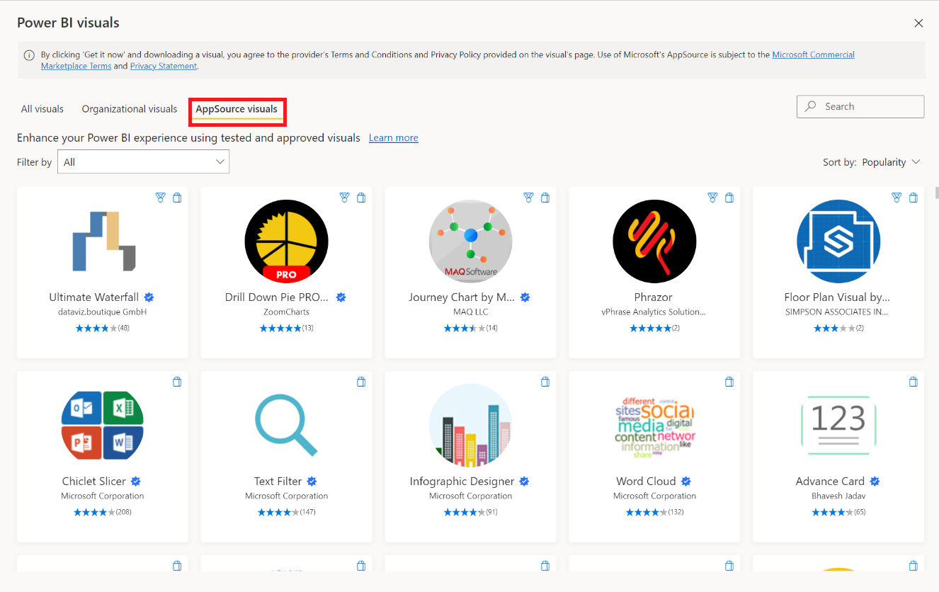 Screenshot: das Dialogfeld „Power BI-Visuals“ mit den für den Import verfügbaren Visuals und hervorgehobener Option „AppSource-Visuals“ 
