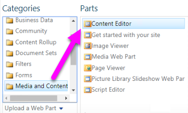 Screenshot, der zeigt, wie Sie das Inhalts-Editor-Webpart auswählen.