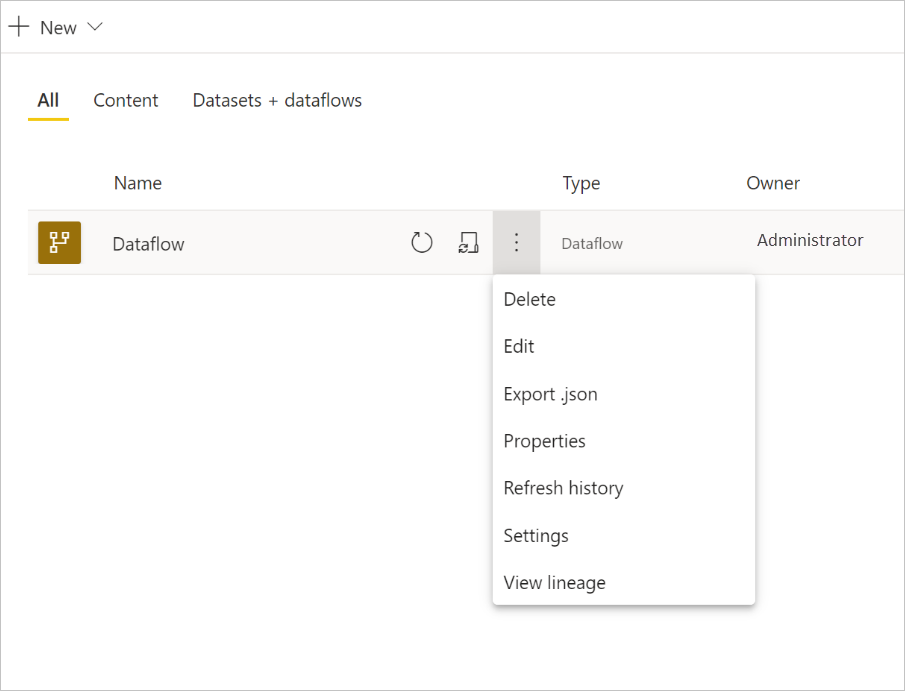 Screenshot der Dropdowneinstellungen eines Power BI-Datenflusses.