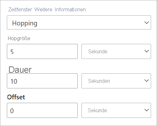 Screenshot, der Einstellungen für Hop-Größe, Dauer und Offset für ein hüpfendes Zeitfenster zeigt.
