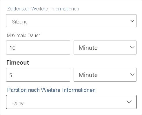 Screenshot, der die Einstellungen für Dauer, Timeout und Partition für das Zeitfenster einer Sitzung zeigt.