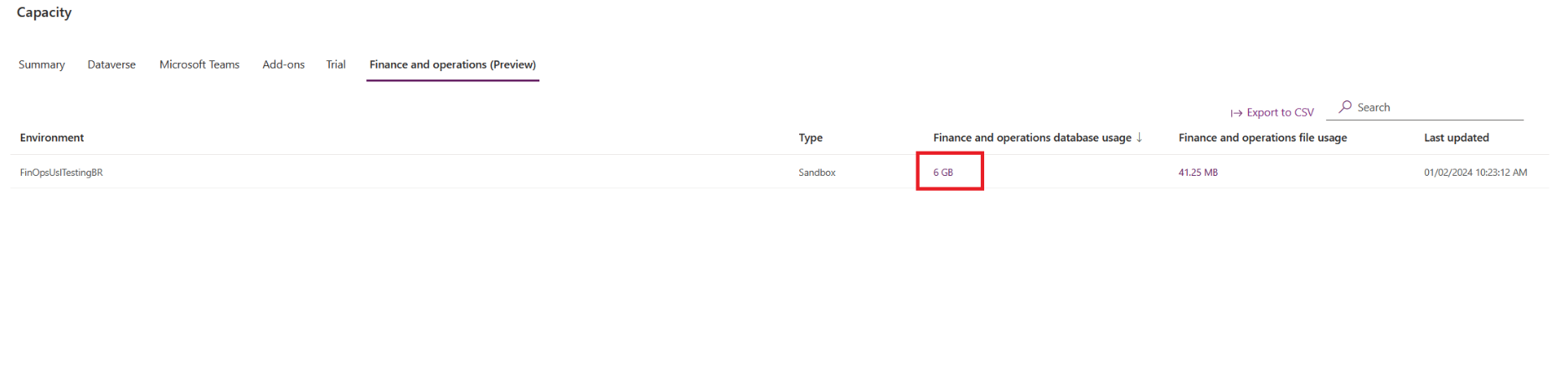 Screenshot der Registerkarte, die den Speicherverbrauch für jede Finanz- und Betriebsumgebung zeigt.