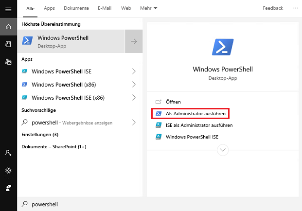 Screenshot, der zeigt, wie PowerShell als Administrator ausgeführt wird