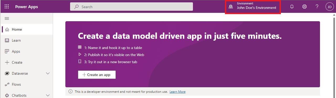 Screenshot der Entwicklerumgebung in Power Apps nach der Registrierung.