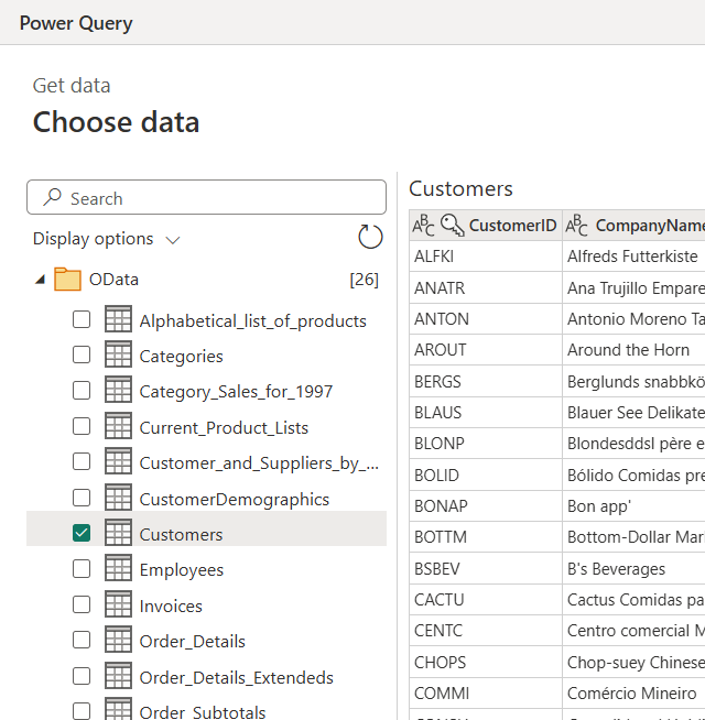 Screenshot des Power Query-Navigator-Dialogfelds, wobei die Tabelle „Customers“ ausgewählt ist.