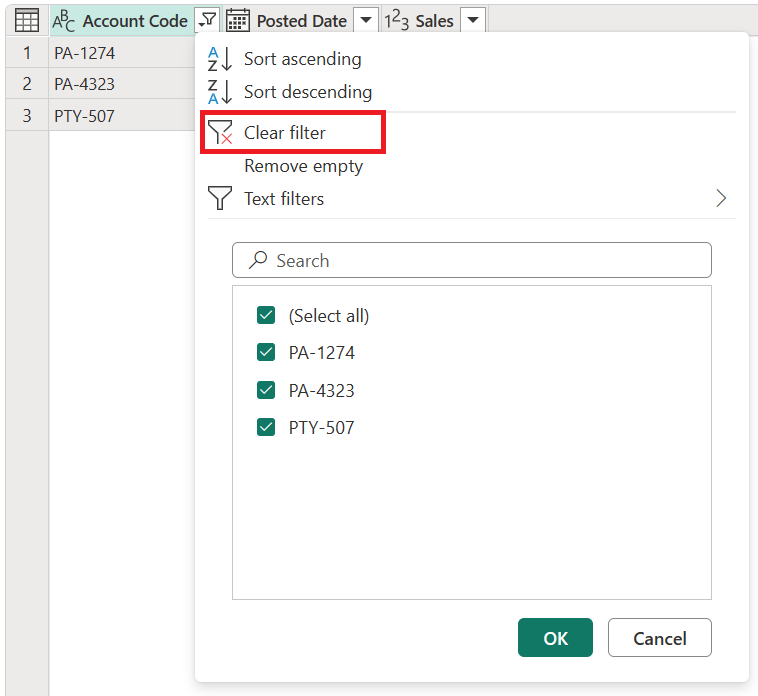 Screenshot des ausgewählten Filtersymbols und hervorgehobener Option 