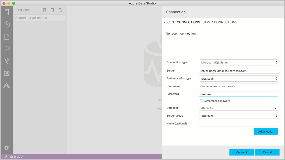 Screenshot der Seite „Verbindung“ in Azure Data Studio.