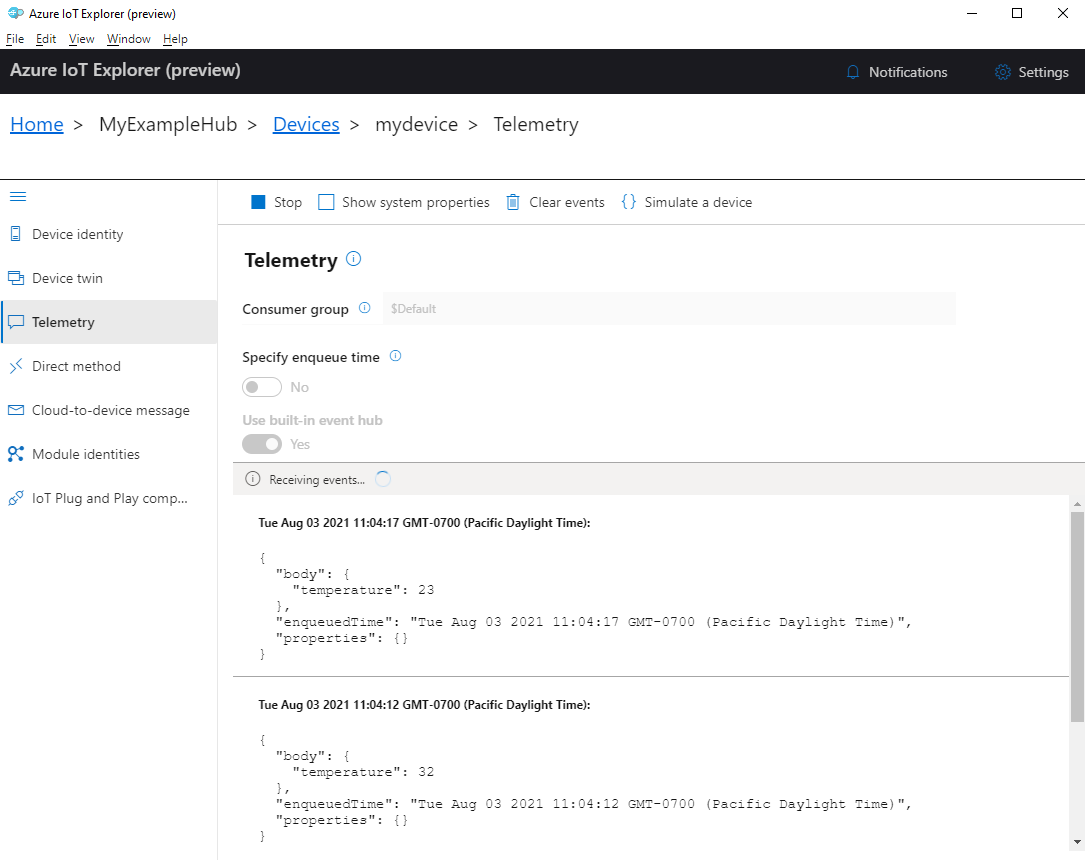 Screenshot der Gerätetelemetrie im IoT-Explorer