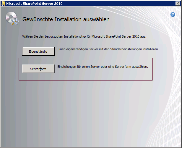 Dialogfeld 'Installationstyp' in SharePoint-Setup