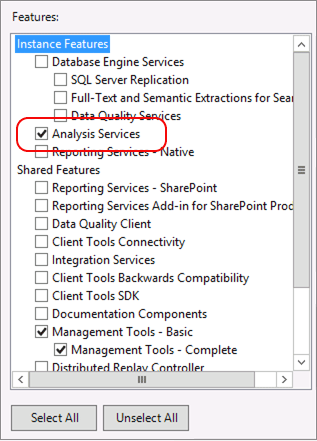 Setup-Featurebaum zeigt Analysis Services