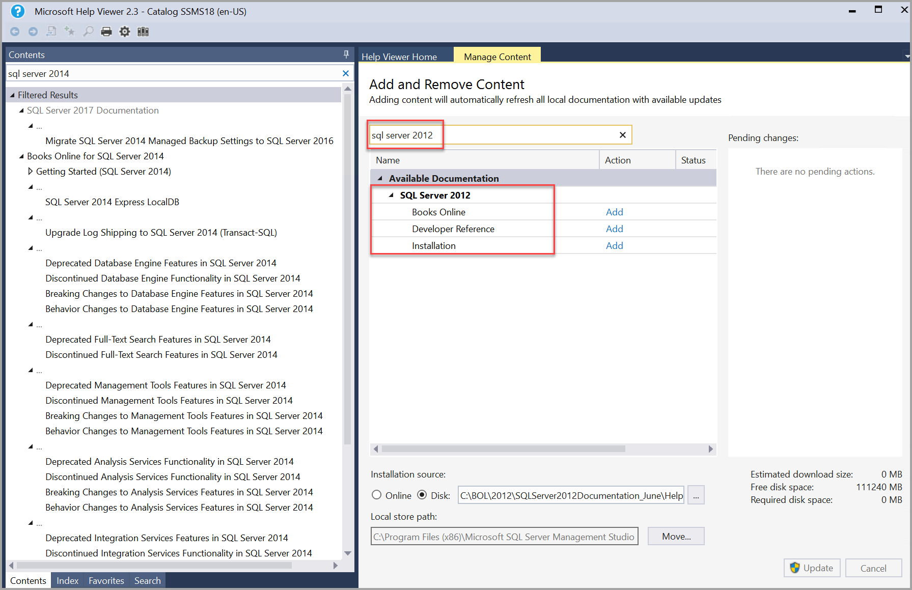 SQL Server 2012-Büchersuche in der Hilfeanzeige