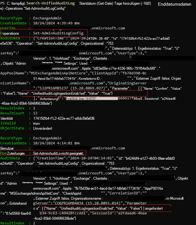 Screenshot eines Überwachungsdatensatzes, der zeigt, dass überwachungseinstellungen geändert wurden.