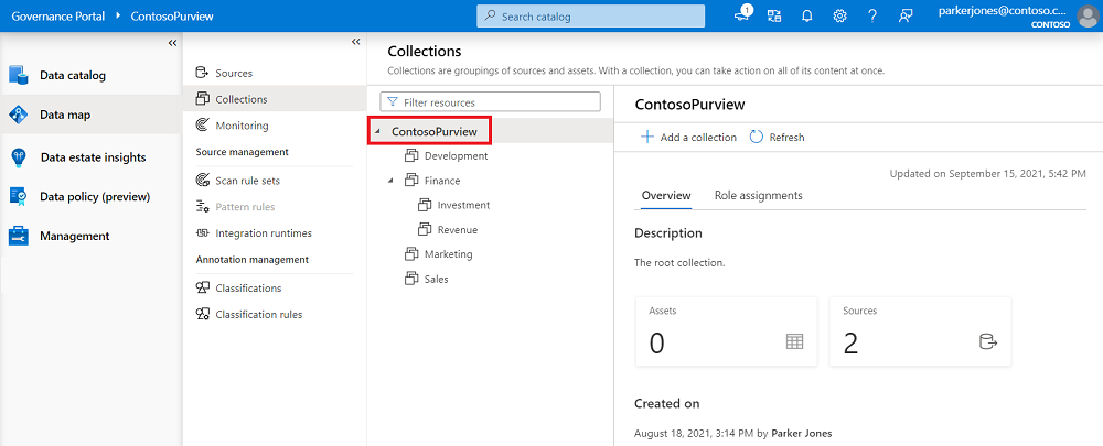 Screenshot des klassischen Fensters des Microsoft Purview-Governanceportals, das für die Data Map geöffnet ist und die Stammsammlung hervorgehoben ist.
