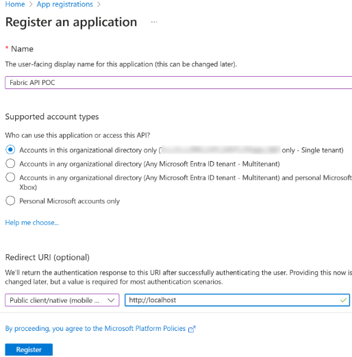 Screenshot einer Form der App-Registrierung.