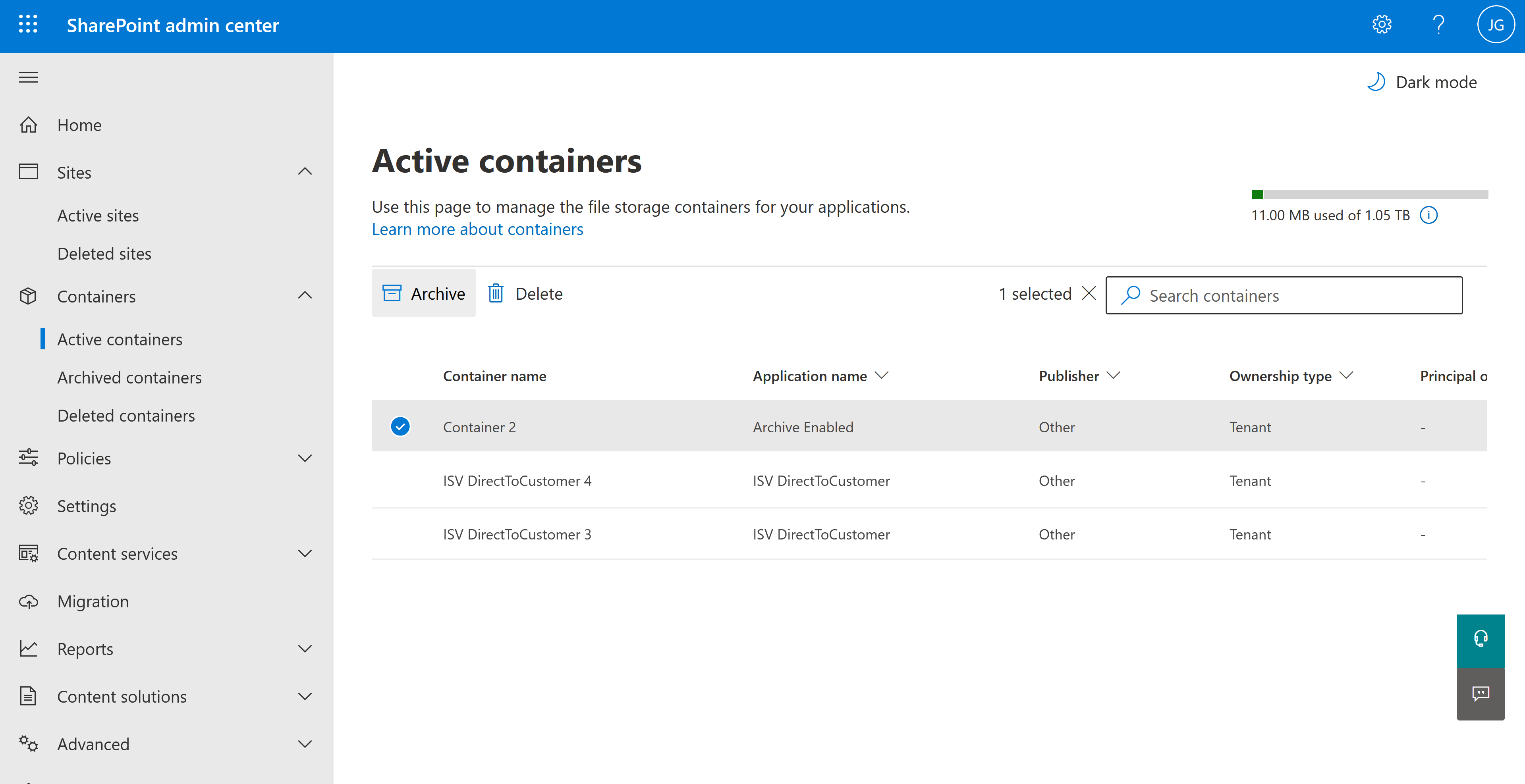 Archiv Aktion auf der Seite Aktive Container mit ausgewähltem Container.
