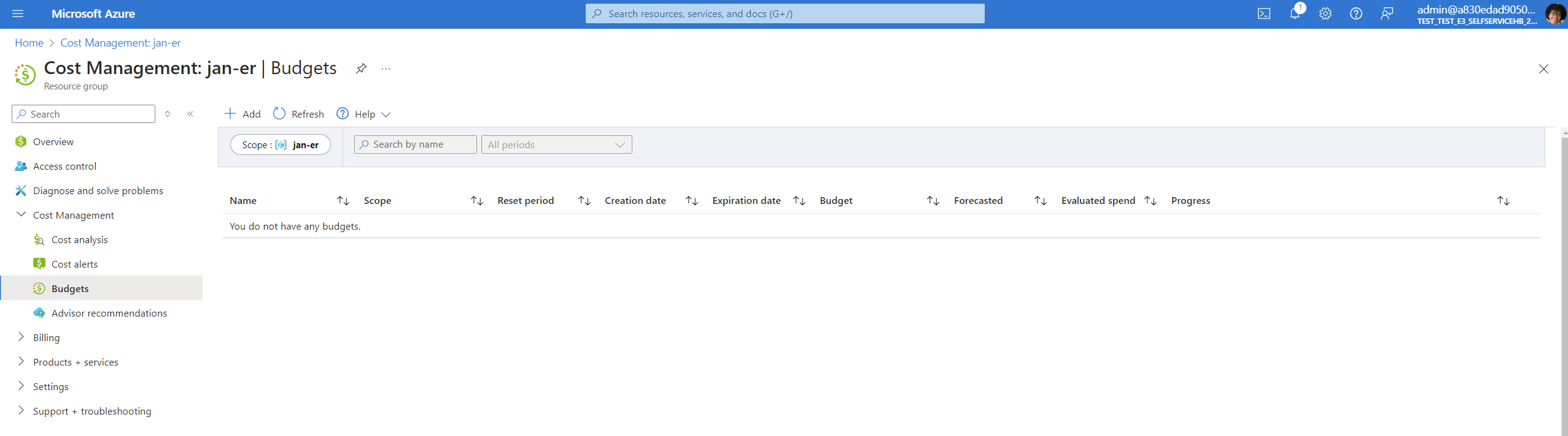 Azure Seite Kostenverwaltungsbudgets zum Erstellen eines Budgets und von Warnungen für das verknüpfte Abonnement.
