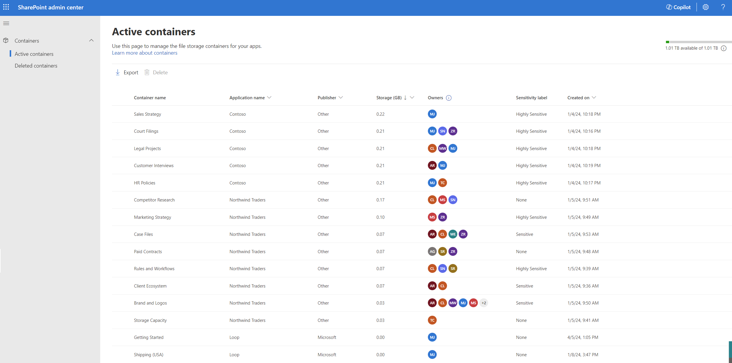 SharePoint Admin Center links navigation für einen SharePoint Embedded-Administrator, in dem nur die Seiten Aktive Container und Gelöschte Container angezeigt werden.