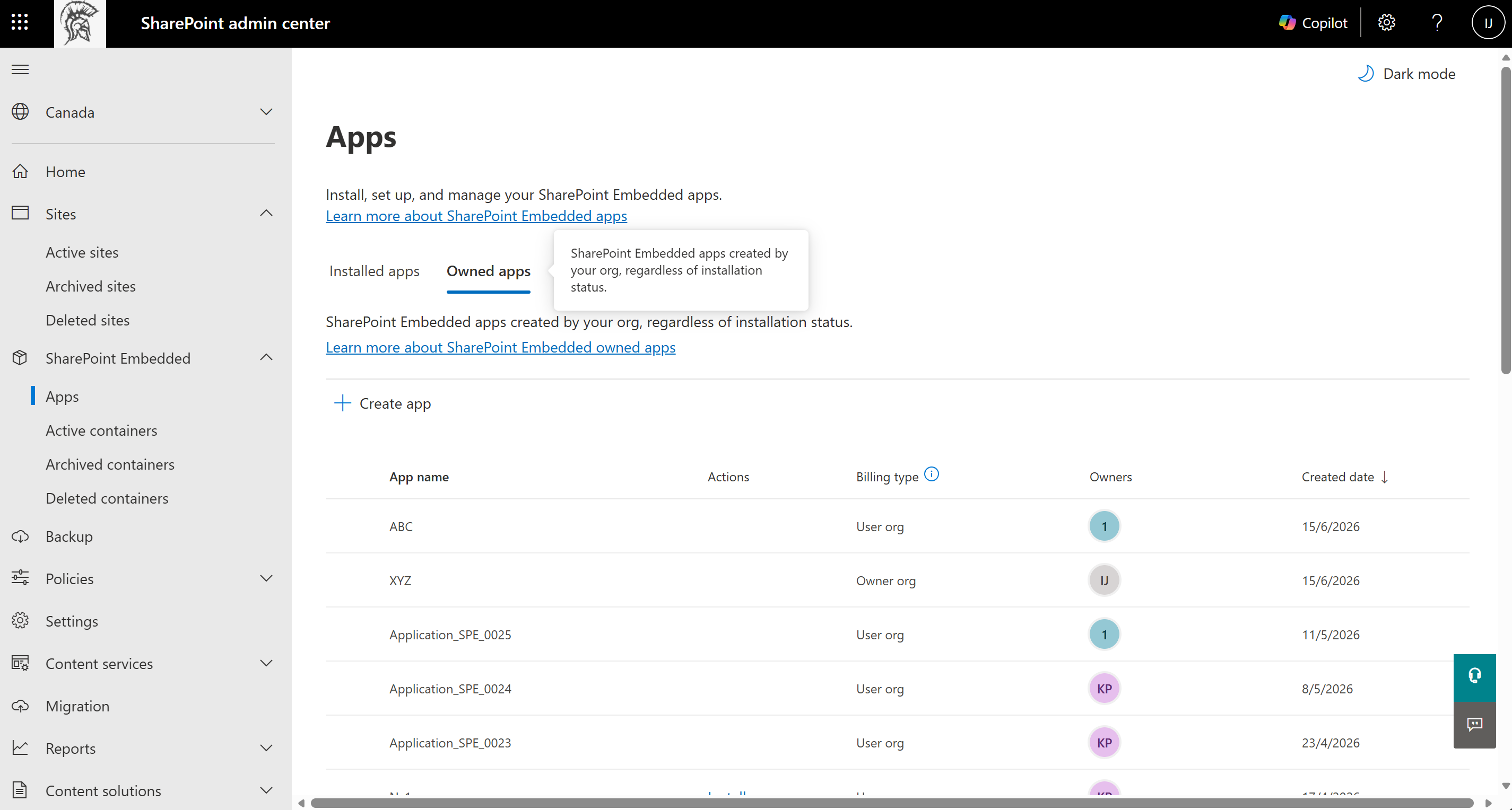 SharePoint Admin Center-Seite 