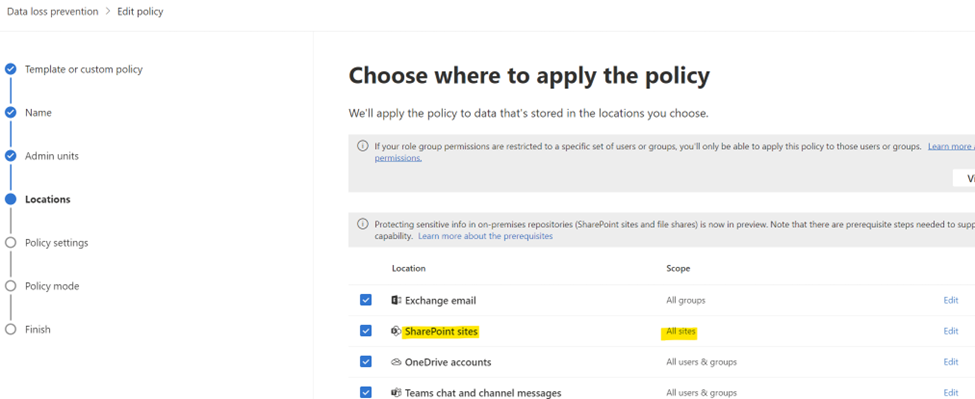 Microsoft Purview DLP-Richtlinie, die für Alle Websites konfiguriert ist, um alle SharePoint-Websites und SharePoint Embedded-Container einzuschließen.