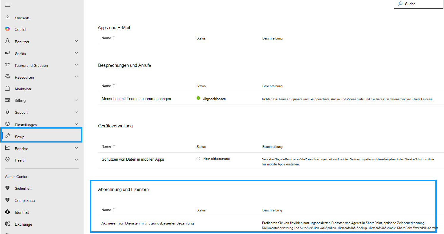 Microsoft 365 Admin Center Abschnitt Abrechnung und Lizenzen mit der Option Dienste mit nutzungsbasierter Bezahlung aktivieren.