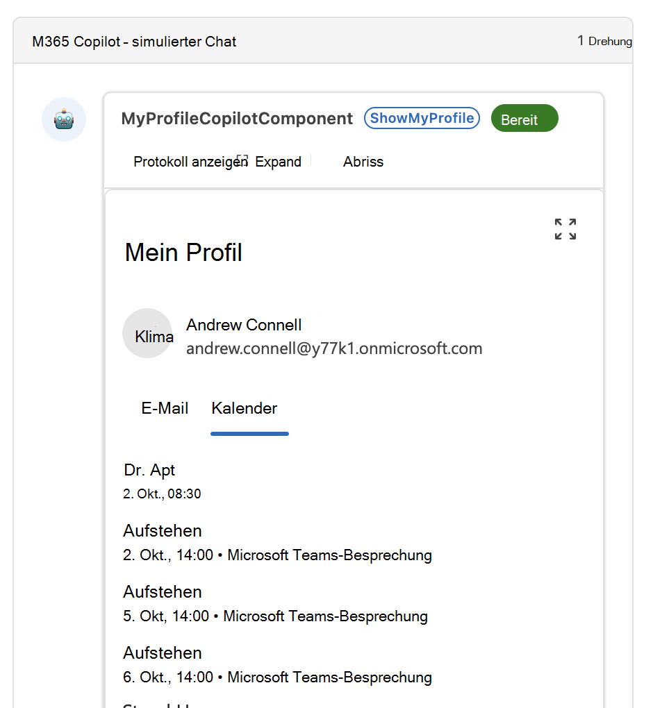 The MyProfile component showing the user's profile and upcoming events in Microsoft 365 Copilot
