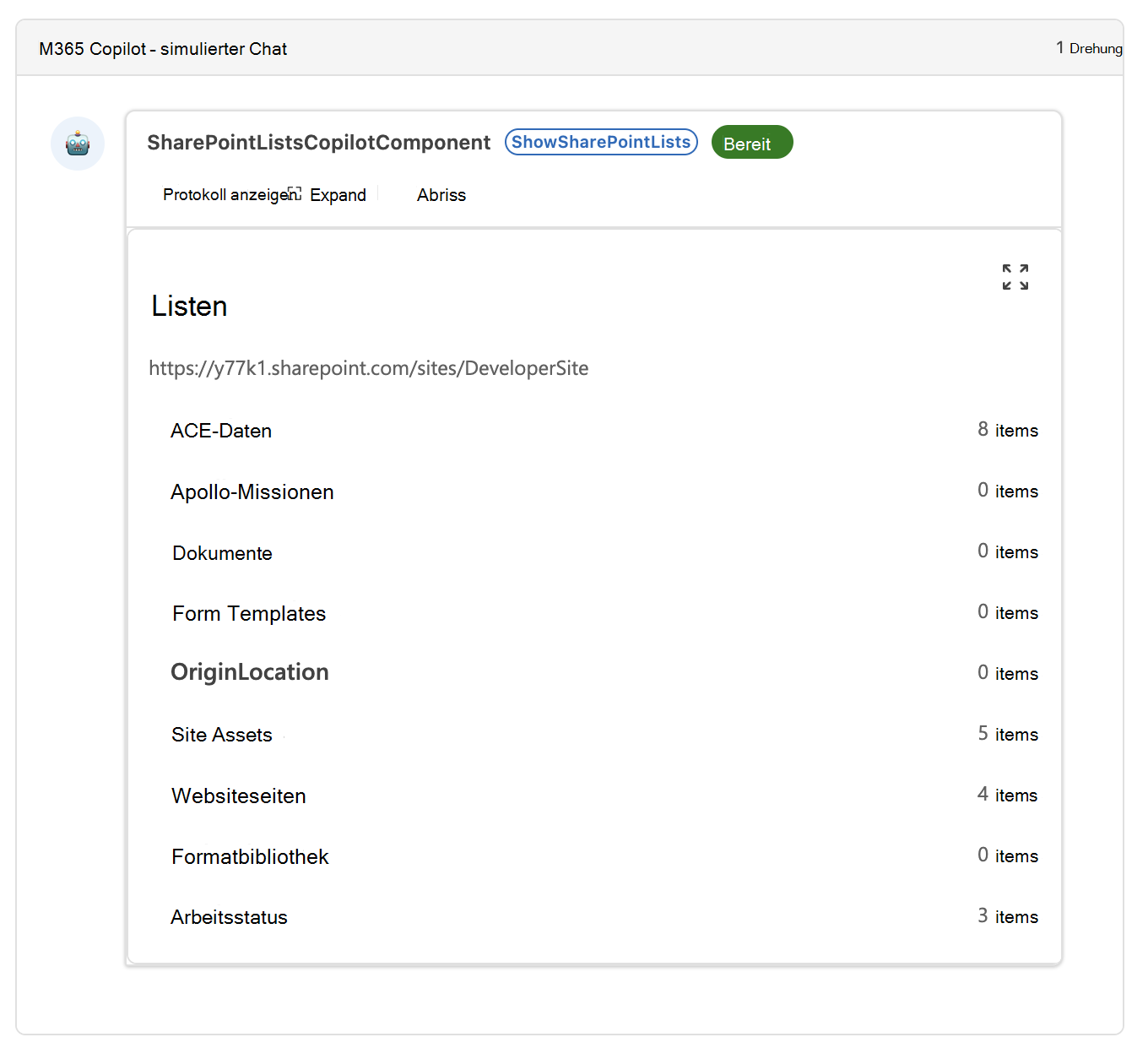 The SharePointLists component showing the lists on a site in the Copilot Workbench