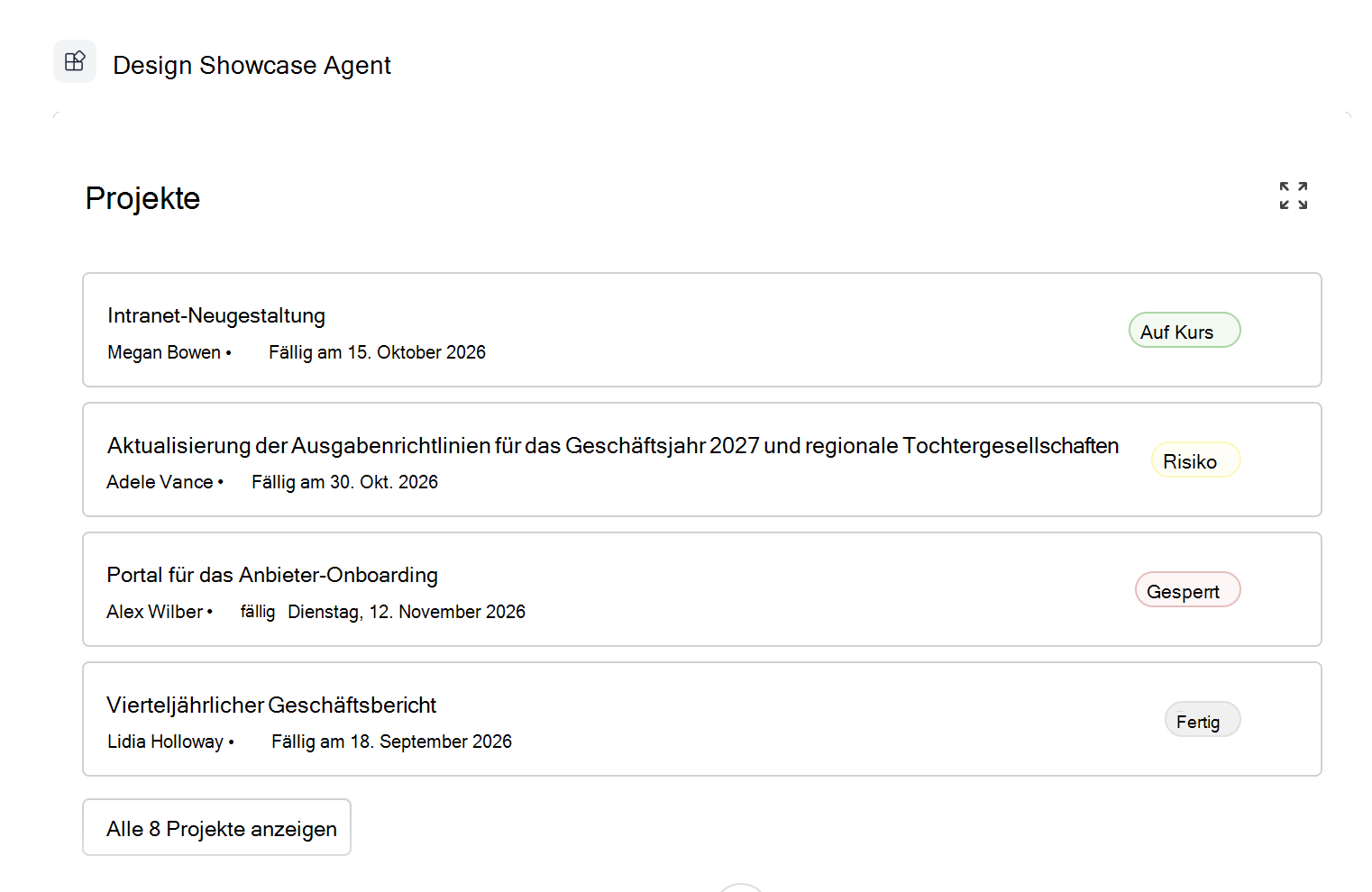 The inline view in Microsoft 365 Copilot in the light theme, with four project cards, status badges, an expand button, and a View all 8 projects button
