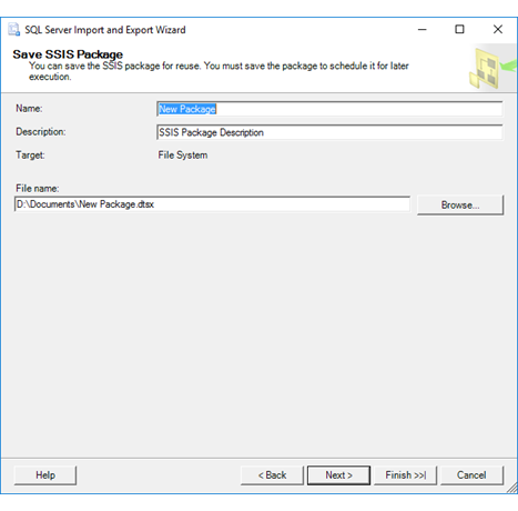 Screenshot der Seite „SSIS-Paket speichern“ des Import/Export-Assistenten, wenn Sie auf der Seite „Paket speichern und ausführen“ die Option „Dateisystem“ ausgewählt haben.
