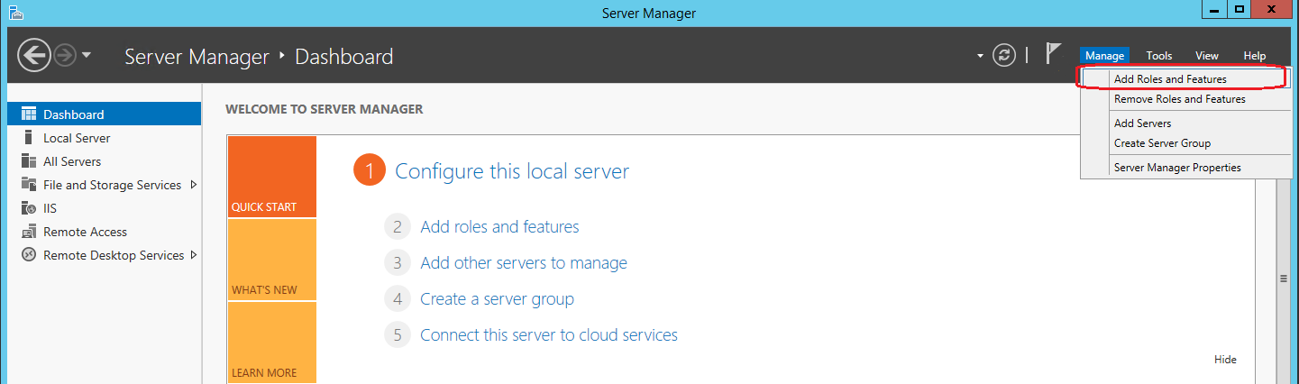 In Server Manage der Menübefehl „Rollen und Features hinzufügen“