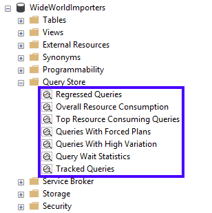 Screenshot des Abfragespeicher-Berichtsbaums im SSMS-Objekt-Explorer.