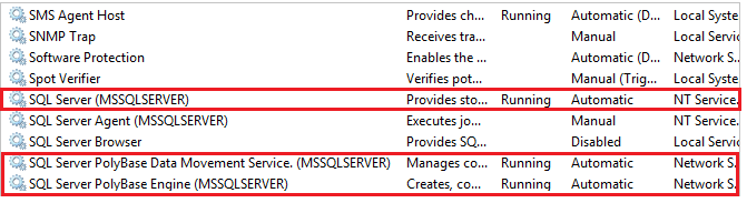 Screenshot, der zeigt, wie man PolyBase-Dienste in services.msc stoppt und startet.