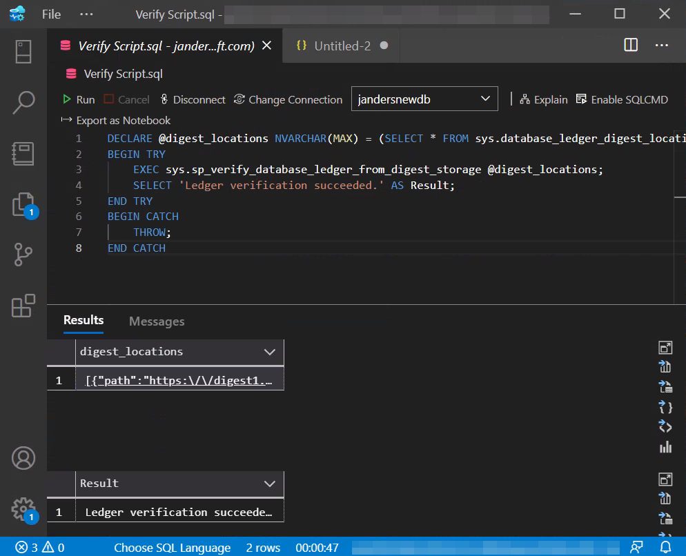 Screenshot der Überprüfung des Hauptbuchs mithilfe von Visual Studio Code.