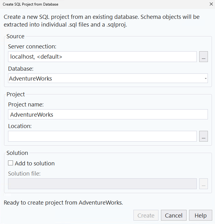 Screenshot des Dialogfelds „Neues SQL-Projekt aus einer Datenbank“ in SQL Server Management Studio.