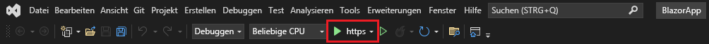 Screenshot der Debugsymbolleiste in Visual Studio mit hervorgehobener Schaltfläche „Debuggen starten“.