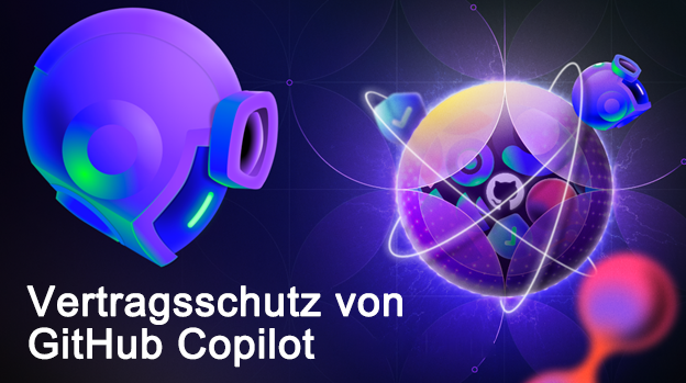 Screenshot einer futuristischen, neonfarbenen Darstellung von GitHub Copilot in Form eines stilisierten Roboterhelms.