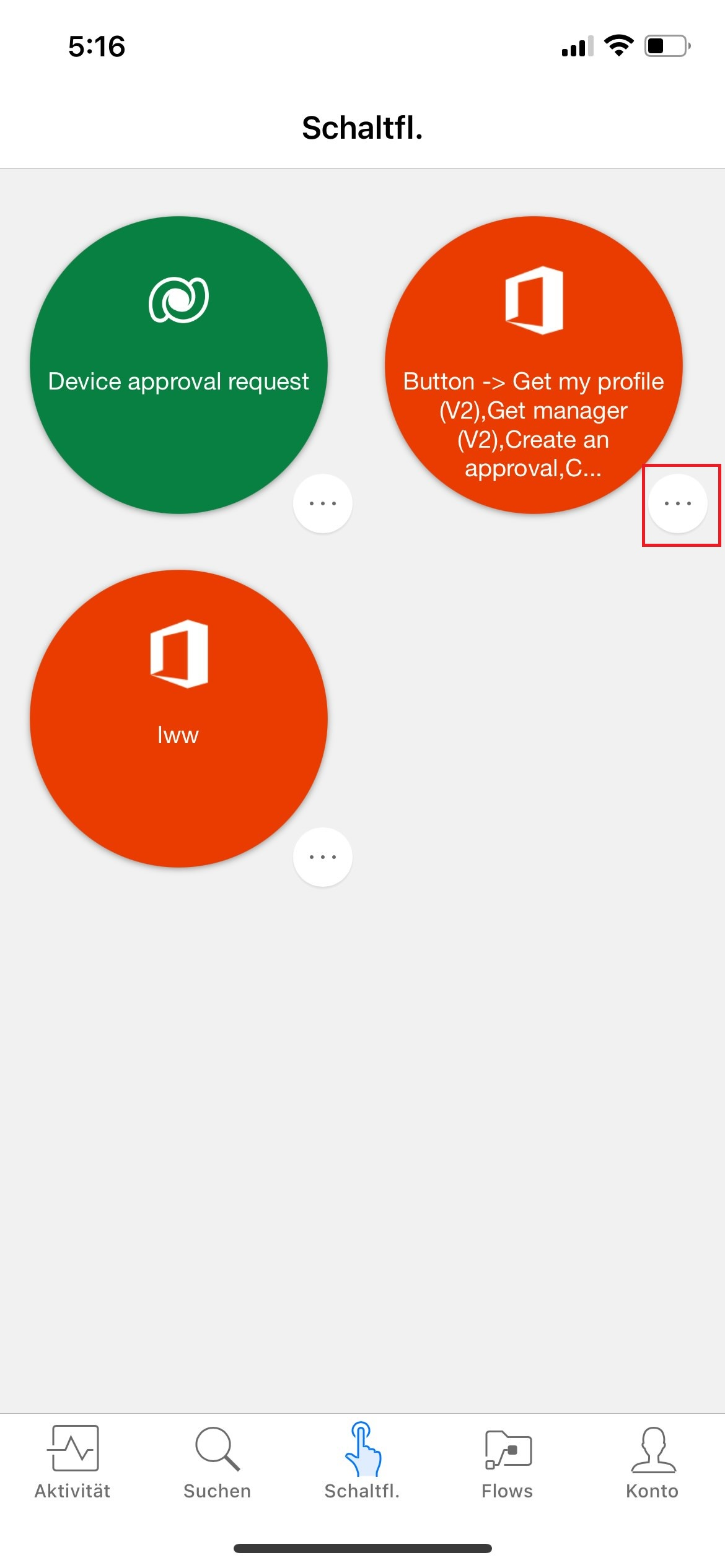 Screenshot der Registerkarte „Schaltflächen“ mit den hervorgehobenen Auslassungspunkten neben der Schaltfläche „In 10&nbsp;Minuten Erinnerung an mich selbst senden“