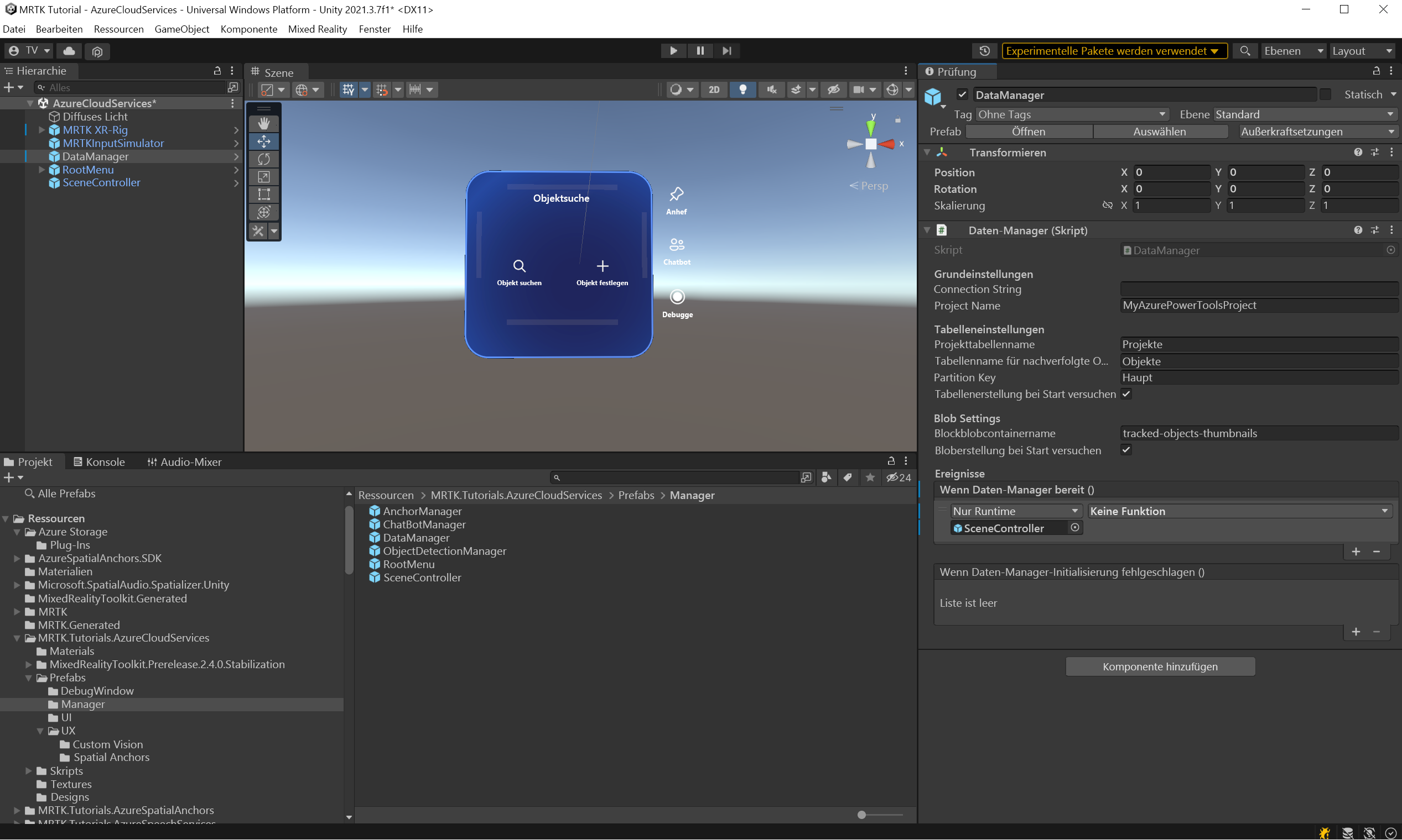 Screenshot von Unity mit dem hinzugefügten DataManager-Ereignislistener.