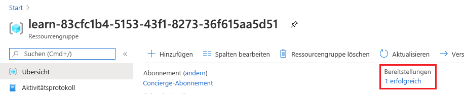 Azure-Portalschnittstelle für die Übersicht über die Ressourcengruppe mit dem Abschnitt 