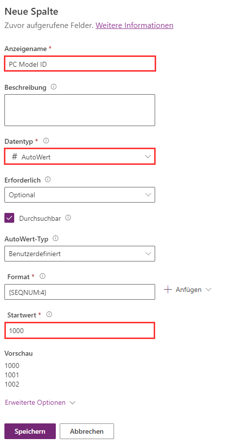 Screenshot zu Datentyp, Format und Startwert