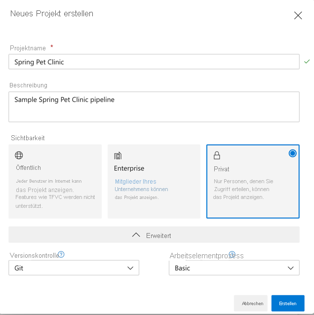 Screenshot mit dem neuen Azure Project-Formular.