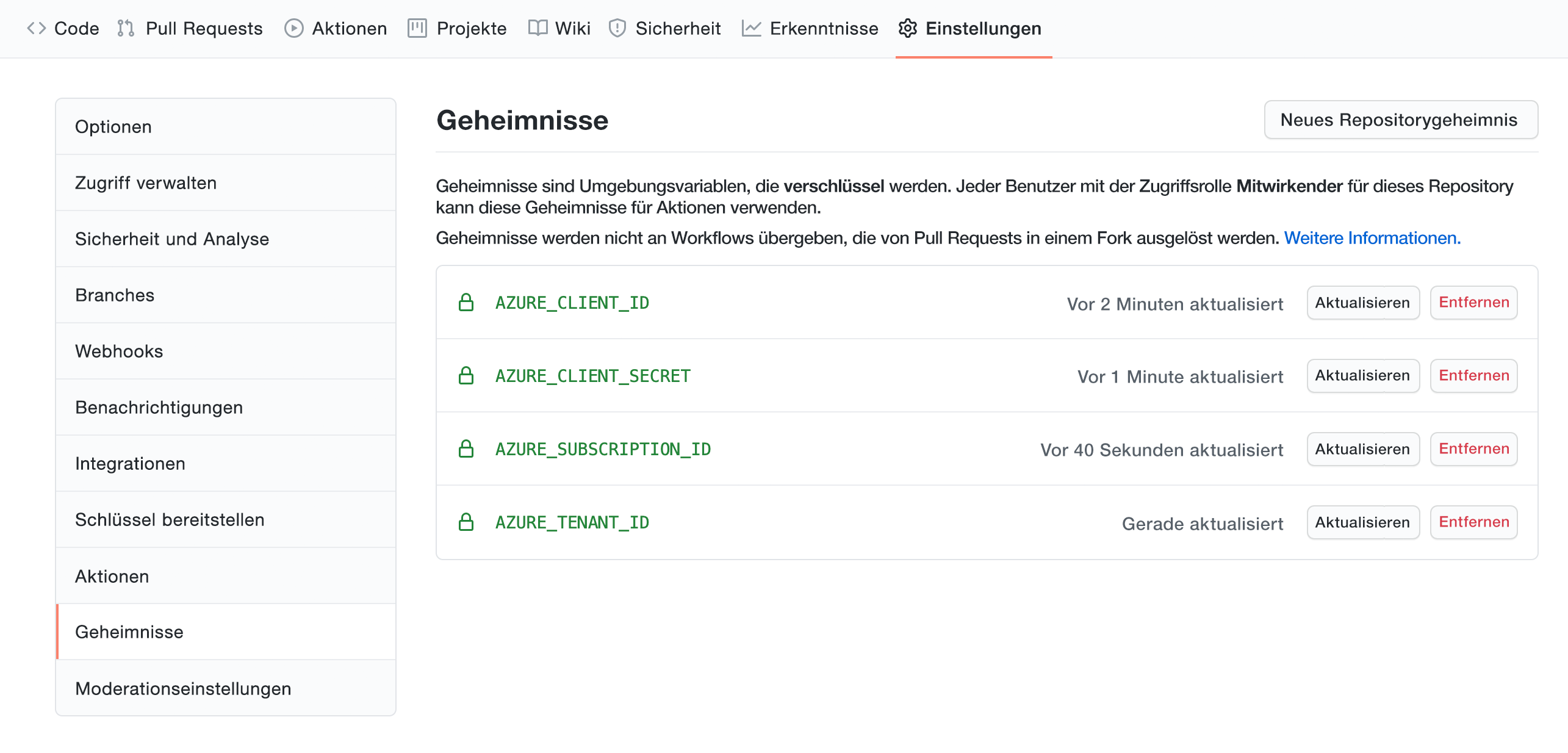 Screenshot mit gespeicherten geheimen Schlüsseln im Bereich 