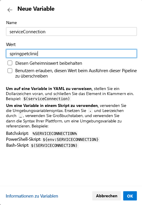 Screenshot der neuen Dienstprinzipalvariable.