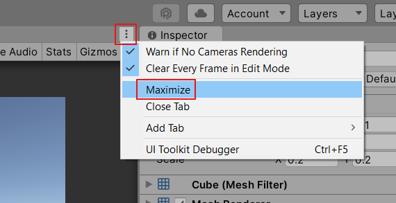 Screenshot des Befehls „Maximize“ für das Fenster „Spiel“.